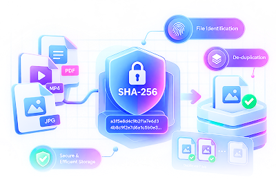 SHA-256 based file processing and de-duplication